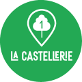 Logo du gite de la Castellerie, un rond vert avec ç l'intérieur un numéro 1 dans un arbre lui meme dans une pointeur de positions